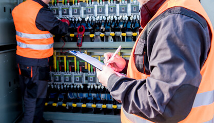 Checking the operating voltage levels of the solar panel switchgear compartment
