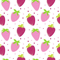 Strawberry seamless pattern. Bright pink and green print. Food illustration. Textile kitchen pattern. Packaging paper