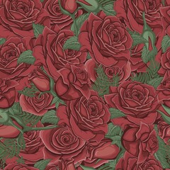 Beautiful roses seamless pattern with green leaves in vintage style. Hand drawn illustration design.