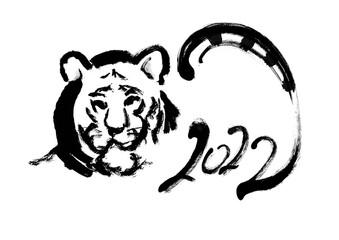 2022の文字のあるトラの筆描きイラスト素材