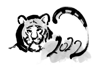 2022の文字のあるトラの筆描きイラスト素材