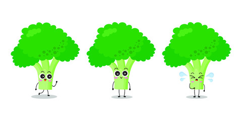 Vector illustration of green broccoli character with various cute expression, funny, plant, tree, isolated on white background, vegetable for mascot collection, emoticon kawaii, happy, cool