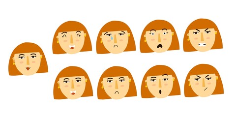 Woman emotion. Female character portrait with different expression, cute red head girl mood, face avatar, happy and sad, surprised and angry feeling collection vector cartoon isolated set