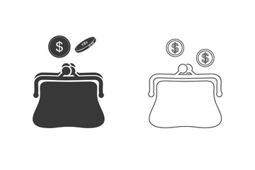 Purse and falling coins icon set. Vector illustration