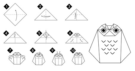 Step by step how to make origami owl bird . Vector monochrome instructions illustration. Black and white paper DIY.