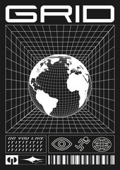 Naklejka premium Abstract grid poster. Acid graphic style, rave, mesh, text design, planet earth isolated on dark gray background.