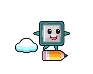 processor mascot illustration riding on a giant pencil