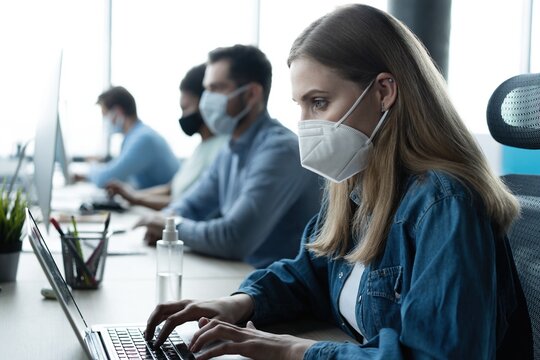 Group of business people wear protective face mask working in office with new normal lifestyle concept