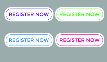 colorful register now text web button, set of register now sign icon for web site