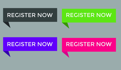 colorful register now text web button, set of register now sign icon for web site