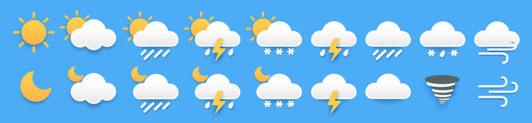 Paper set of weather icons. Yellow sun and moon, white clouds, with shadows, for forecast design, day and night signs