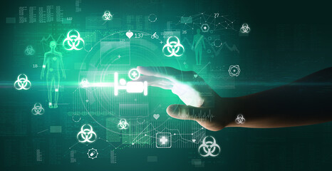 Doctor hand pressing futuristic health device with medical symbol on screen