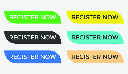 colorful register now text web button, set of register now sign icon for web site