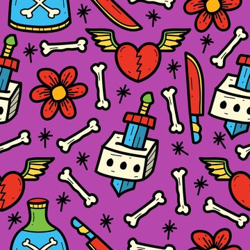 hand drawn cartoon doodle tattoo pattern designs for backgrounds, wallpapers, clothes, stickers and more