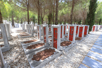 Canakkale, Turkey - July 01-2021 : Canakkale Martyrs Memorial military cemetery is a war memorial commemorating the service of about Turkish soldiers who participated at the Battle of Gallipoli.