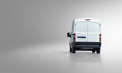 Rear back view of a fictional cargo delivery van  isolated on a white studio background with reflections and copy space