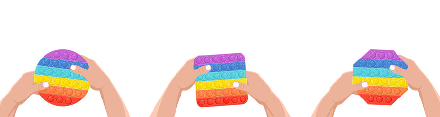 Hands holding an anti-stress toy - pop it. Hand toy of different shapes in rainbow color with rubber push bubbles. Pop it fidgets in hand. Vector illustration.
