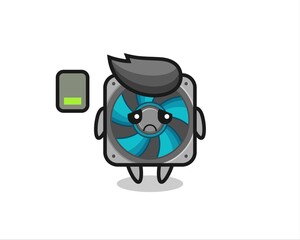 computer fan mascot character doing a tired gesture
