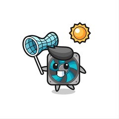 computer fan mascot illustration is catching butterfly