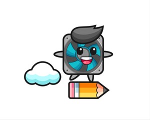computer fan mascot illustration riding on a giant pencil