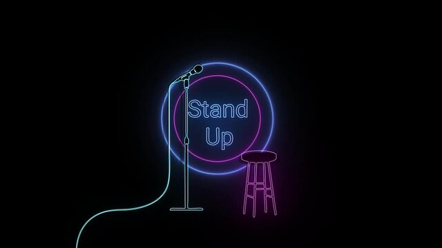 Stand Up comedy animation. Red curtains. Black stage. Neon
