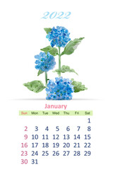 floral calendar 2022. watercolor sketching graceful flowers. jan