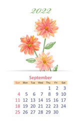 floral calendar 2022. watercolor sketching graceful flowers. sep