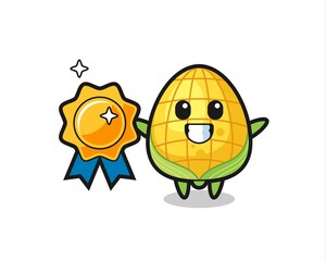 corn mascot illustration holding a golden badge
