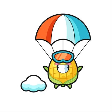 corn mascot cartoon is skydiving with happy gesture