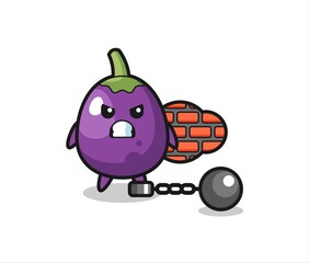 Character mascot of eggplant as a prisoner