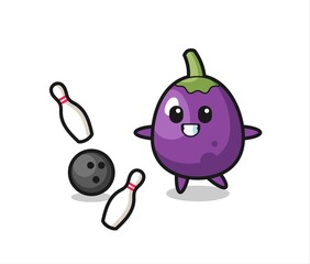 Character cartoon of eggplant is playing bowling