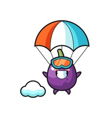 eggplant mascot cartoon is skydiving with happy gesture