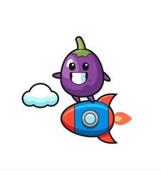 eggplant mascot character riding a rocket