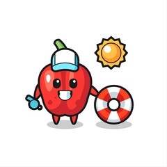 Cartoon mascot of red bell pepper as a beach guard