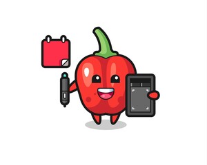 Illustration of red bell pepper mascot as a graphic designer