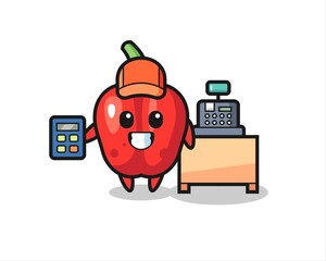 Illustration of red bell pepper character as a cashier