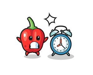Cartoon Illustration of red bell pepper is surprised with a giant alarm clock