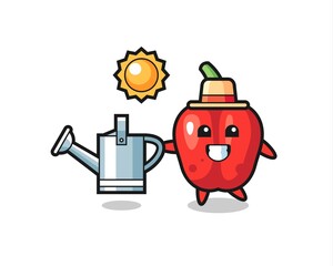Cartoon character of red bell pepper holding watering can
