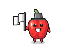 Cartoon character of red bell pepper holding a flag