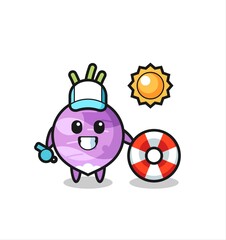 Cartoon mascot of turnip as a beach guard