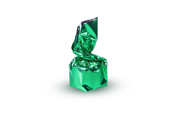 Real wrapped chocolate candy isolated on a white background. A single candy in a green foil wrapper.