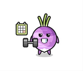 turnip mascot cartoon doing fitness with dumbbell