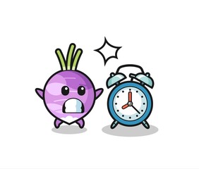 Cartoon Illustration of turnip is surprised with a giant alarm clock