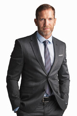 Middle aged businessman wearing suit and tie while standing a isolated white background