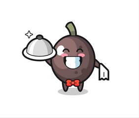 Character mascot of black olive as a waiters