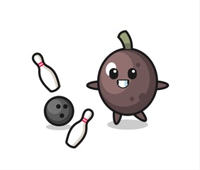 Character cartoon of black olive is playing bowling