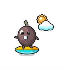 Illustration of black olive cartoon do surfing on the beach