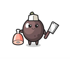 Illustration of black olive character as a butcher