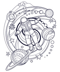 Human (astronaut) in outer space. Fantastic space landscape with planets of solar system and stars. Page of coloring book. Vector illustration isolated on white background. © Daria