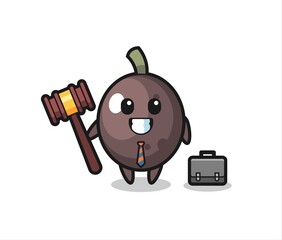 Illustration of black olive mascot as a lawyer